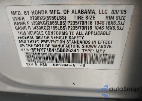 2005 Honda Pilot Ex из США, поврежденный, VIN 5FNYF18415B026341